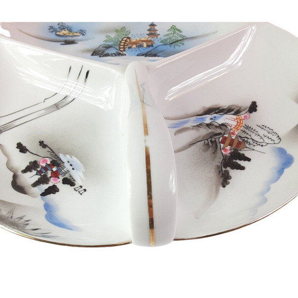 Kutani China Handled Serving Dish 3 Divided White Dish Scenic Mountains 19.5"Vtg - Picture 7 of 8